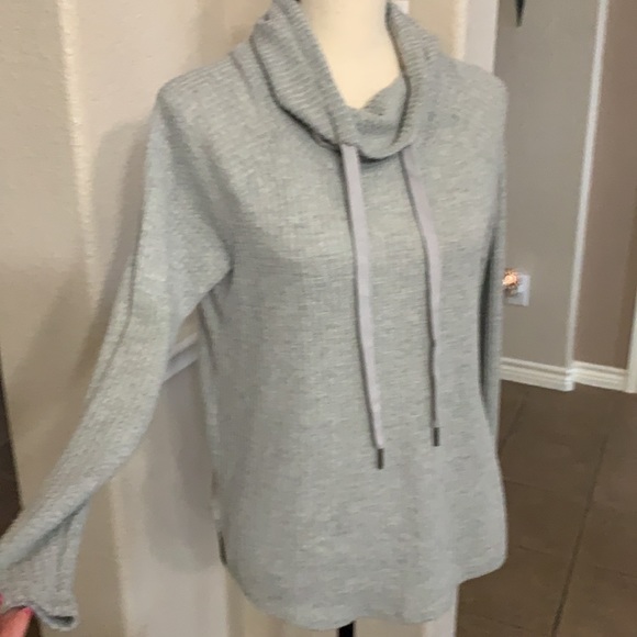 Rags II Riches gray cowl drawstring neckline long sleeved waffle sweater - Picture 4 of 16